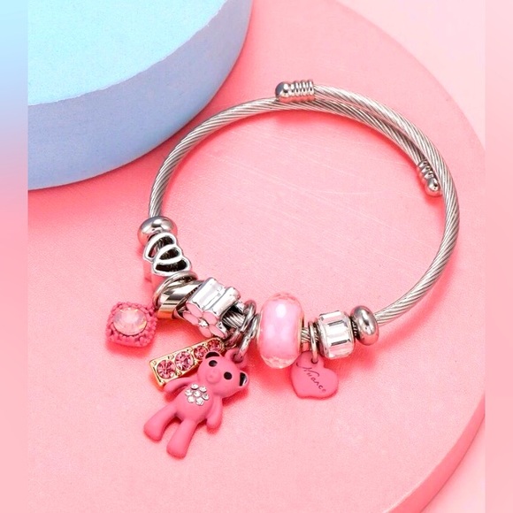 🧸🎀 Stainless Steel Pink Rhinestone & Teddy Bear Adjustable Bracelet NWT - Picture 3 of 8